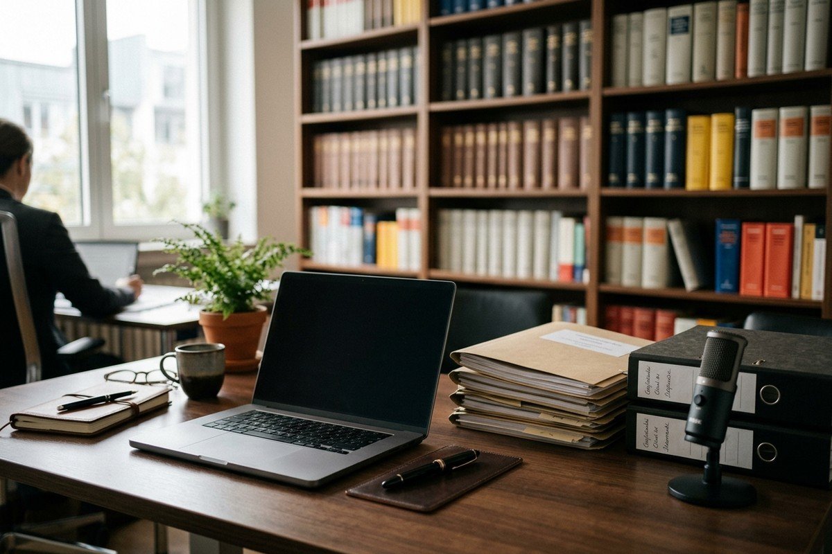 A German law and tax office desk where confidential client documents are dictated