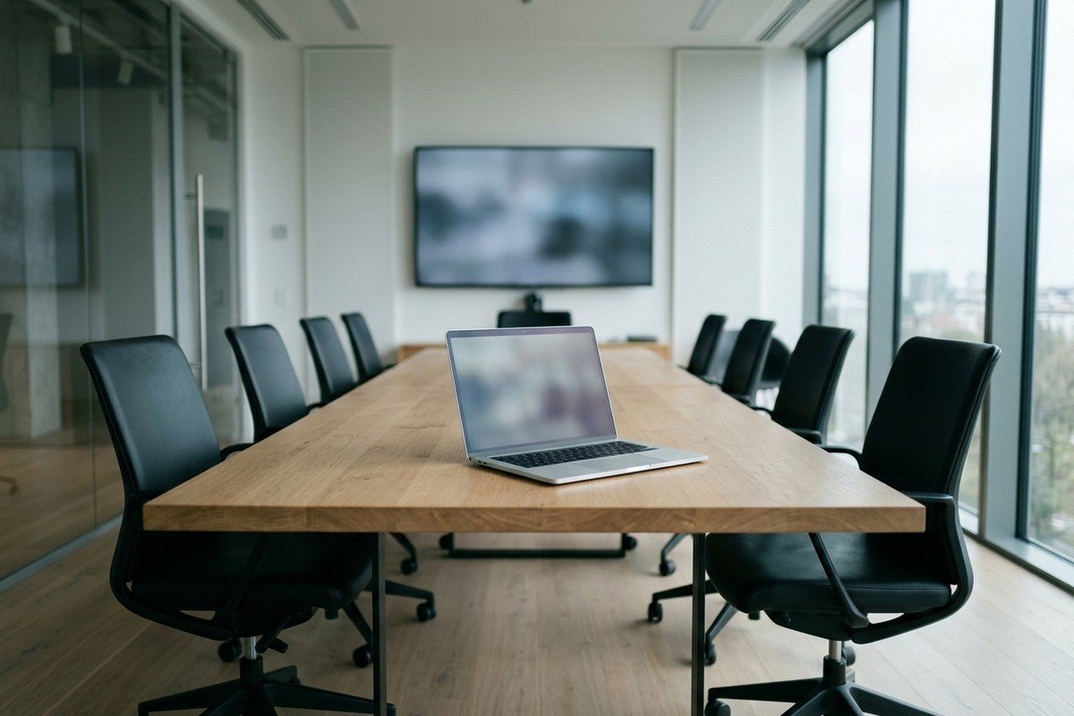 A modern meeting room — Otter records the whole call, while Sprecho dictates privately into your documents