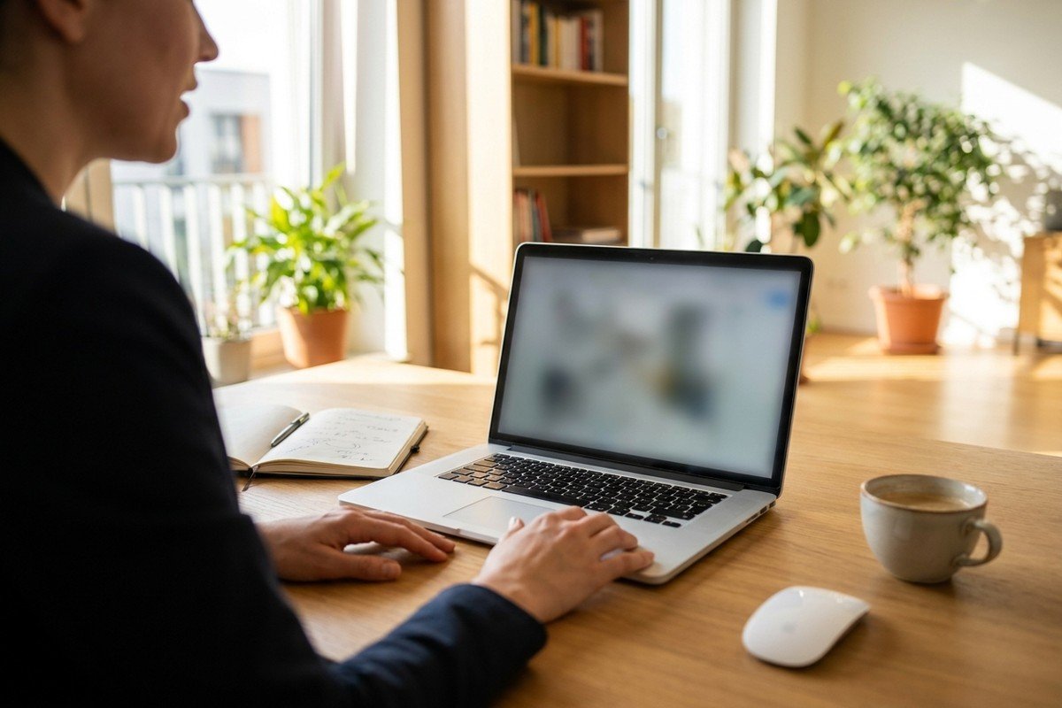 Professional using GDPR-compliant dictation software at a desk