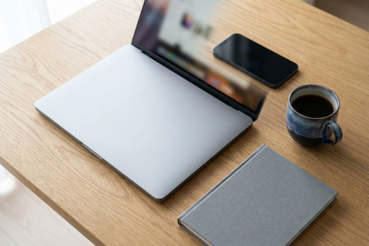 Laptop und Smartphone auf einem aufgeräumten Schreibtisch: ein Diktat-Setup für Mac, Windows und Smartphone